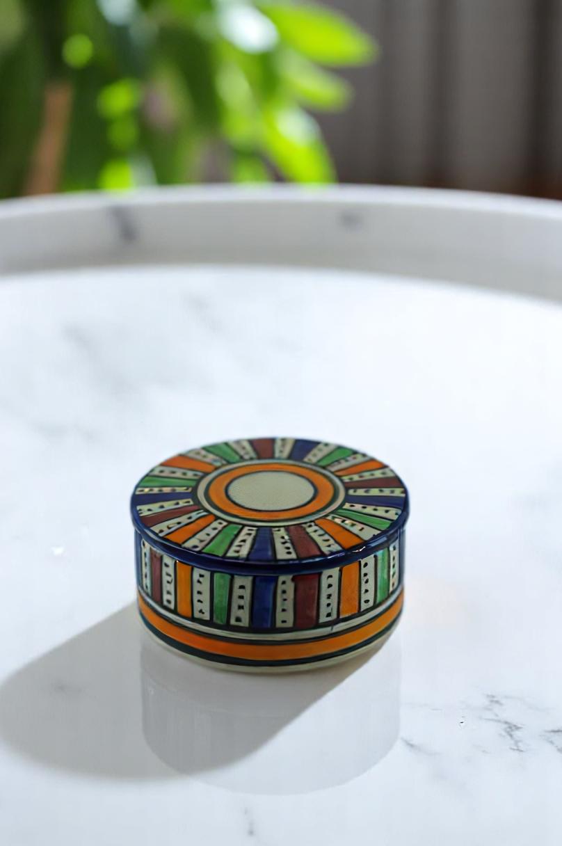 Colorful Hand-Painted Ceramic Jar – Bohemian Sunburst Design