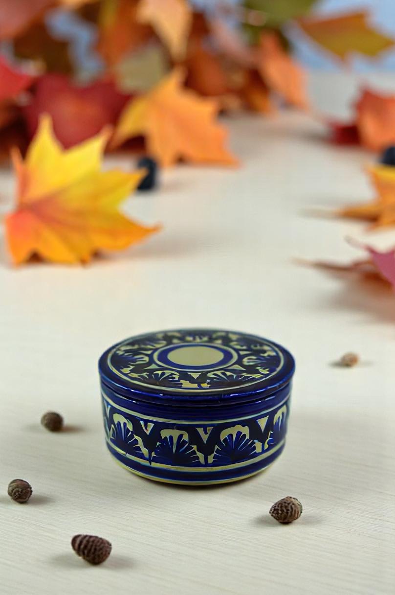 Elegant Navy Blue Handcrafted Ceramic Jar – Fan Leaf Pattern